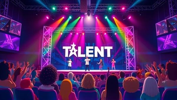 An animated illustration of a virtual talent show stage with colorful spotlights, cheering virtual audience members, and a diverse lineup of performers showcasing their talents, conveying a dynamic and engaging entertainment experience.