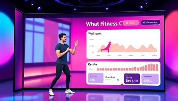A vibrant digital platform interface showing a virtual fitness coach leading a workout session with animated workout graphics, user progress charts, and motivational quotes, creating an immersive and interactive fitness experience.