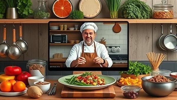 An interactive online cooking class setup with a chef demonstrating a recipe on a video call, surrounded by digital cooking ingredients, kitchen tools, and a live chat feature for participant interaction, creating an immersive and educational culinary experience.