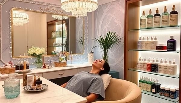 A serene beauty bar adorned with sparkling gemstones and crystals, a client enjoying a gemstone facial treatment, and shelves displaying gemstone-infused skincare products, conveying a luxurious and holistic beauty experience.