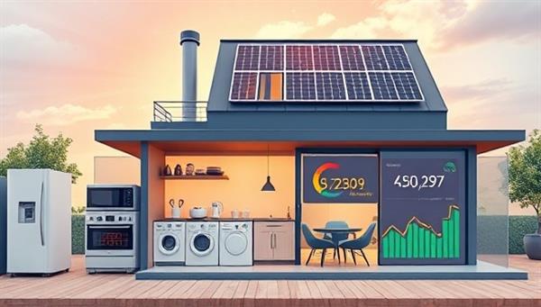 A modern smart home environment featuring energy-efficient appliances, smart meters, and IoT devices seamlessly managing energy consumption and costs, with solar panels on the roof and a digital energy dashboard displaying real-time usage data, illustrating the concept of smart home energy management.