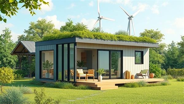 An artistic depiction of a modular sustainable home unit, showcasing its eco-friendly features and customizable design elements, set against a backdrop of lush greenery and renewable energy sources, illustrating the harmony between modern living and environmental sustainability.
