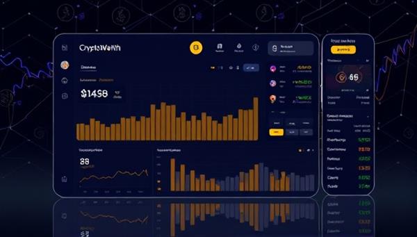 An interface design showcasing the CryptoWealth platform with real-time cryptocurrency data, investment performance metrics, and automated trading features, reflecting precision, efficiency, and cutting-edge technology in the crypto investment landscape.