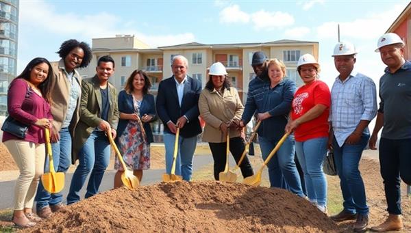 A heartwarming image of a diverse group of community members, investors, and developers breaking ground on a new affordable housing project funded by the CommunityBuild Fund, symbolizing collaboration and positive social impact through real estate investments.