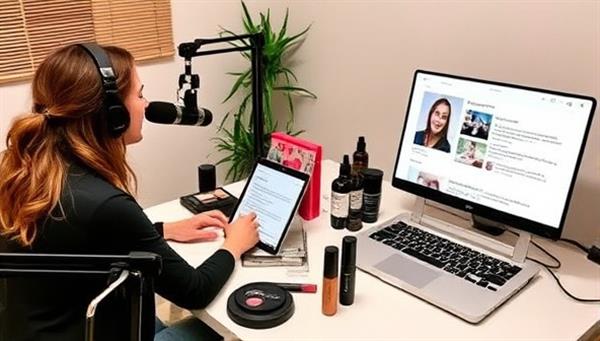 An engaging podcast recording setup featuring a host discussing beauty topics with a guest, surrounded by microphones, beauty products, and a laptop displaying community interactions and questions, capturing the essence of informative and interactive beauty discussions.