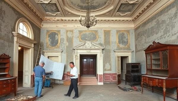 An old, dilapidated mansion undergoing restoration, with craftsmen carefully repairing intricate moldings, a preservation architect examining historical blueprints, and antique furniture being restored in a workshop, capturing the essence of heritage restoration craftsmanship and dedication.