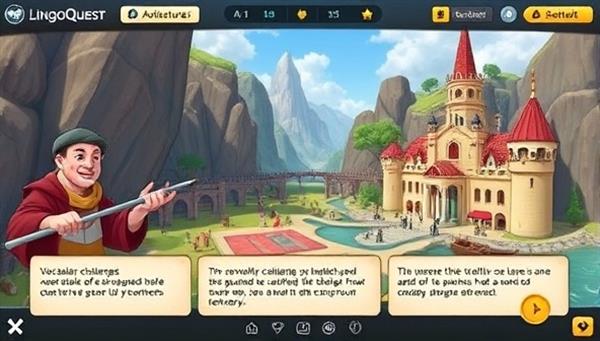 An interactive language-learning quest within LingoQuest Adventures, where players engage in vocabulary challenges, grammar puzzles, and conversational scenarios in a virtual world filled with language landmarks and cultural references, showcasing the immersive and educational nature of the platform.