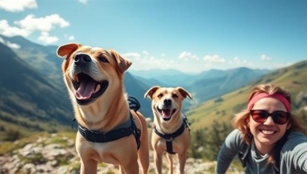 An exciting outdoor adventure scene featuring a happy dog hiking with its owner in a scenic mountain landscape, surrounded by lush greenery and clear skies, capturing the spirit of exploration and bonding that defines the WagVentures travel experience.