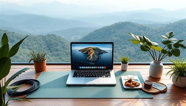 An inspiring digital artwork showcasing a serene remote work setup with a laptop surrounded by nature, yoga mat, healthy snacks, and a mindfulness corner, evoking a sense of balance, relaxation, and well-being in a remote work environment.