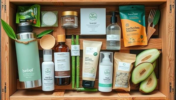 An artistic and visually appealing flat lay of eco-friendly products arranged in a wooden crate, showcasing items like reusable water bottles, organic skincare products, bamboo utensils, and plant-based snacks, evoking a sense of nature-friendly luxury.