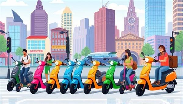 An engaging digital illustration featuring a vibrant cityscape with colorful electric scooters lined up for rent, surrounded by happy riders exploring the urban environment, conveying the accessibility and convenience of ScootShare Marketplace for scooter enthusiasts.