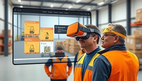 An online training platform interface showing a warehouse simulation with interactive safety modules, virtual reality goggles, and a diverse group of employees participating in the training, highlighting the immersive learning experience provided by SafeStock Online.