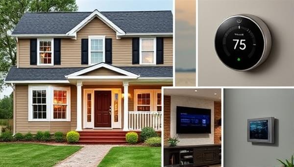 A collage of a traditional home exterior and an interior shot with smart home devices like a voice-controlled assistant, smart thermostat, and automated lighting, illustrating the seamless integration of technology into daily living.