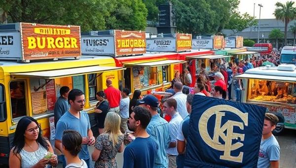 A bustling outdoor food truck event with colorful trucks lined up, each serving a unique cuisine such as gourmet burgers, artisanal tacos, and decadent desserts, surrounded by happy customers enjoying their delicious meals in a vibrant setting.