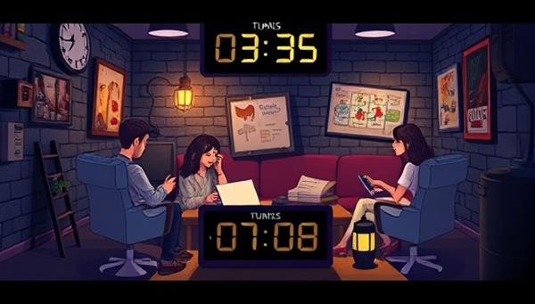 A digital illustration of a group of friends virtually solving puzzles and unraveling clues in a themed escape room setting on EscapeVerse, with animated elements and a countdown timer adding excitement to the gameplay.