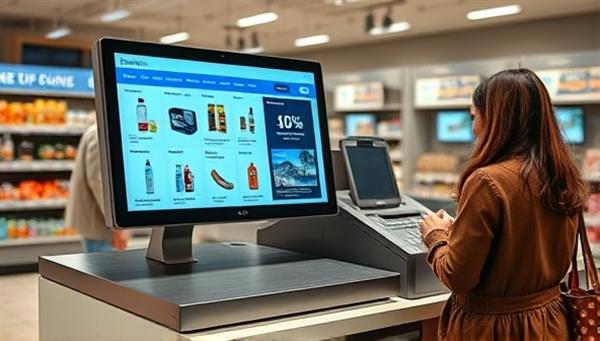 A retail store checkout counter with an interactive touchscreen display showcasing product recommendations and promotions based on the customer