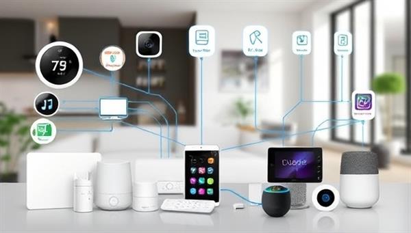 An array of interconnected smart home devices, such as thermostats, cameras, and voice assistants, seamlessly integrated into a modern home setting, showcasing the convenience and efficiency of smart living.