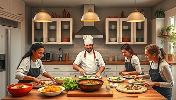 An enticing visual representation of a virtual cooking class environment featuring a diverse group of participants cooking together in their home kitchens, following a chef