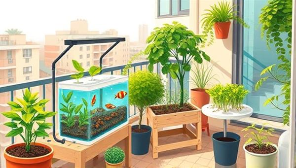 An artistic illustration of a compact aquaponics setup on a sunny apartment balcony, showcasing the synergy between fish tanks and plant beds in a harmonious urban gardening ecosystem, inspiring sustainable living in small spaces.