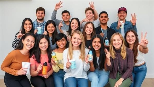 A diverse group of micro-influencers from various niches posing with branded products, showcasing the authenticity and reach of influencer marketing through NicheReach.