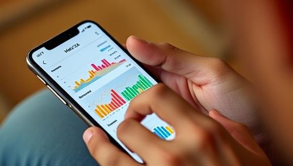 An engaging mobile app interface showcasing colorful graphs and investment progress bars, with a Gen Z user navigating the app on a smartphone, capturing the essence of simplicity and empowerment in investing.