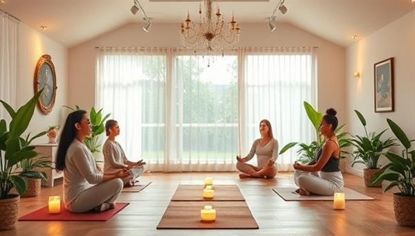 A serene meditation space with soft lighting, calming decor, and individuals practicing mindfulness and yoga poses, surrounded by lush greenery and soothing sounds, creating a tranquil and rejuvenating wellness ambiance.