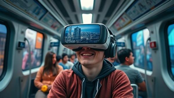 An engaging VR headset display showing a user seated in a virtual subway train, surrounded by a bustling digital cityscape and diverse passengers, creating an immersive and interactive experience of public transport exploration through TransitVR Journey.