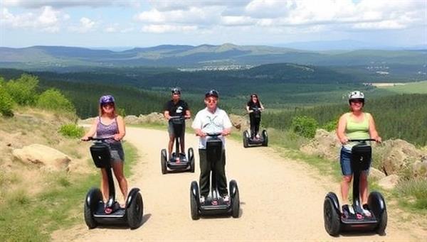 A scenic tour location with a group of tourists gliding on Segways through picturesque landscapes, guided by an enthusiastic tour guide, highlighting the fun and immersive experience of the SegwayExplore Tours adventure.