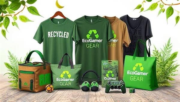 An artistic representation of a collection of eco-friendly gaming merchandise, including recycled t-shirts, biodegradable accessories, and ethically sourced gaming gear, presented in a nature-inspired setting with green elements and eco-conscious branding, conveying the sustainability and style of EcoGamer Gear.