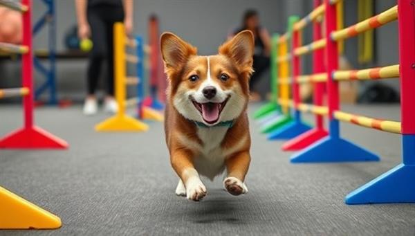 An energetic dog happily engaging in an agility course, surrounded by colorful fitness equipment and a supportive coach, highlighting the fun and active environment of FitFurry.