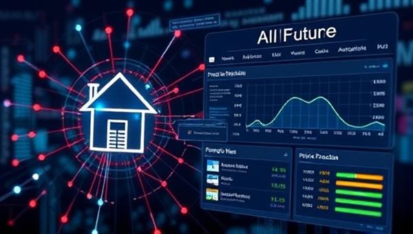 An engaging digital visualization of a futuristic AI algorithm analyzing property data points and generating a detailed price prediction report, showcasing the cutting-edge technology and accuracy of the tool.