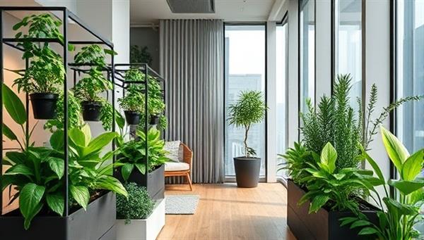An artistic representation of a modern urban apartment with lush green plants growing in stylish indoor garden kits, creating a harmonious blend of nature and contemporary living.