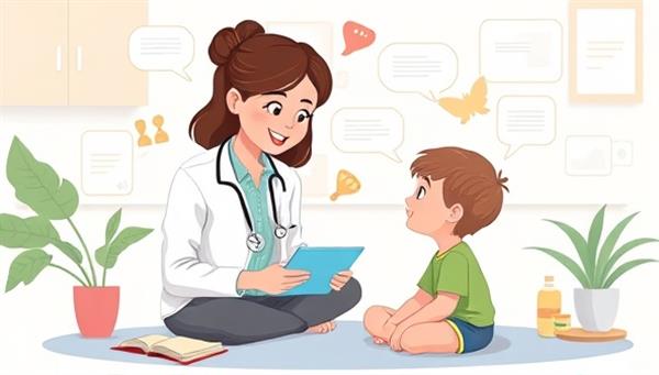 An engaging digital illustration showing a speech-language pathologist conducting a virtual therapy session with a child, utilizing interactive language games and exercises to improve communication skills, surrounded by speech bubbles and educational elements.