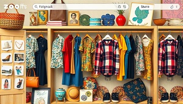 An artistic collage featuring a virtual thrift store homepage with a vibrant mix of vintage clothing items, accessories, and sustainable fashion pieces displayed in a fashion-forward and eclectic style, capturing the essence of thrifty chic fashion.