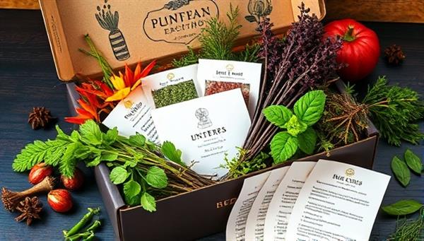 An elegantly designed subscription box overflowing with vibrant exotic herbs and botanical illustrations, accompanied by a set of recipe cards showcasing creative culinary uses, conveying a sense of culinary exploration and premium quality.