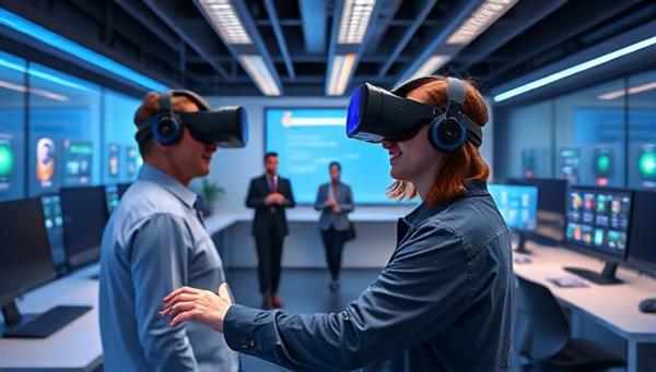 An immersive virtual reality simulation of a new employee going through the onboarding process, interacting with virtual colleagues, completing training modules, and exploring the company culture in a dynamic and engaging virtual environment.