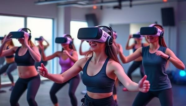 An energetic virtual reality fitness session with users wearing VR headsets, engaging in dynamic workouts, and receiving real-time feedback on their performance, creating an immersive and motivating fitness experience in a digital environment.