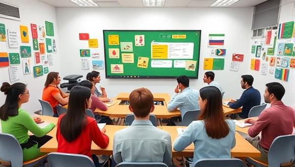 An interactive virtual language classroom scene with avatars representing different cultures and languages engaging in language exercises and conversation practice, fostering a dynamic and multicultural learning environment for LinguaLink Hub subscribers.