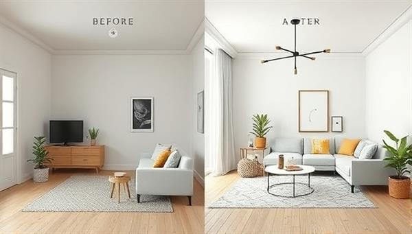 A digital mock-up of a room transformation, showcasing the renovation process from a dull space to a stylish and modern room design, inspiring homeowners to visualize the potential of their spaces.