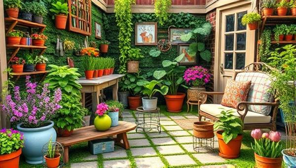 A lush and vibrant virtual garden setting with a colorful array of potted plants, gardening tools, and a cozy outdoor seating area, exuding a sense of tranquility and natural beauty, inviting viewers to explore the world of virtual gardening and plant care.