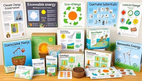 An assortment of eco-friendly STEM education kits containing recyclable materials, renewable energy experiments, and sustainability-themed projects, surrounded by educational posters on climate change and environmental conservation, promoting hands-on learning and eco-consciousness in STEM education.