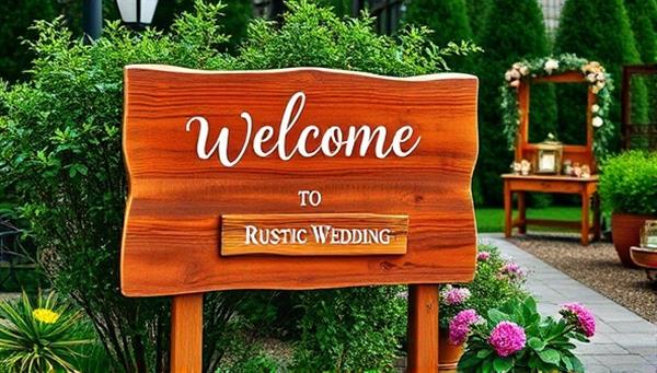 A charming outdoor setting featuring a custom wooden sign with elegantly engraved lettering welcoming guests to a rustic wedding venue, surrounded by lush greenery and blooming flowers, evoking a warm and personalized atmosphere.