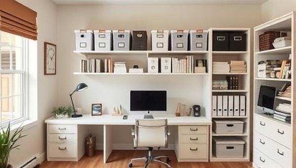 A serene and organized home office space with labeled storage containers, decluttered shelves, and a minimalist desk setup, exuding a sense of calm and productivity, showcasing the transformative power of effective home organization.