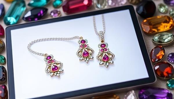 An elegant and modern jewelry design displayed on a digital screen, surrounded by colorful gemstones and metallic textures, evoking a sense of creativity and personalization.