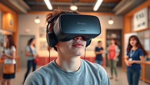 An individual wearing a VR headset, immersed in a virtual environment where they are interacting with animated characters and practicing language skills, capturing the essence of immersive language learning.