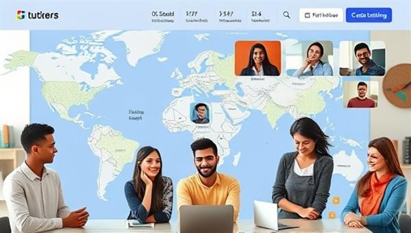 An online marketplace interface showing a diverse group of tutors and students connecting for virtual tutoring sessions, highlighting the platform