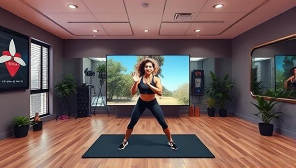 An energetic virtual fitness studio environment on the platform, showcasing a live workout session led by a fitness coach, with interactive workout tracking tools, community chat features, and virtual high-fives for user encouragement, creating a vibrant and supportive fitness community.