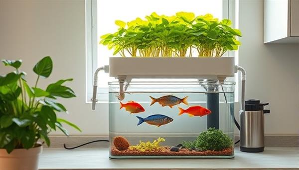 An inviting image of a compact aquaponics system set up in a bright kitchen corner, showcasing lush green plants growing above a tank of colorful fish, with clear tubes and water circulation visible, emphasizing the harmony between aquaculture and hydroponics in a home setting.