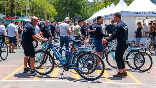 A vibrant event scene with a dedicated bike valet station, attended by staff assisting cyclists with parking their bikes securely, showcasing the convenience and reliability of WheelGuard Valet