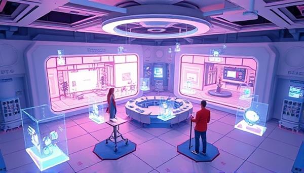 A futuristic digital illustration of users exploring virtual event venues and customizing event layouts in a 3D virtual space, with holographic event elements and interactive tools floating around them, creating a dynamic and engaging event planning experience.